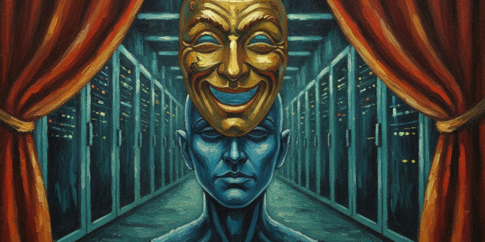 Ilustração estilo Van Gogh impasto: uma máscara de teatro dourada e sorridente flutua acima do rosto azul e sereno de um autômato, com pinceladas espessas formando cortinas de palco que se abrem para corredores de servidores ao fundo.