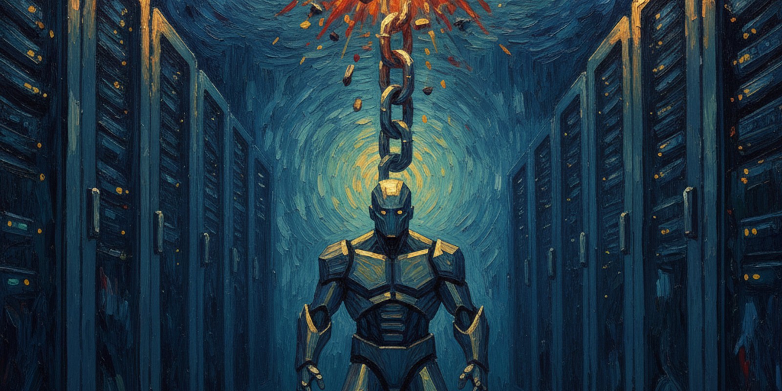 Ilustração estilo Van Gogh impasto: uma figura robótica azul emerge de baixo de uma corrente de elos crescentes que se rompe em uma explosão de luz laranja no topo, ladeada por corredores de servidores.