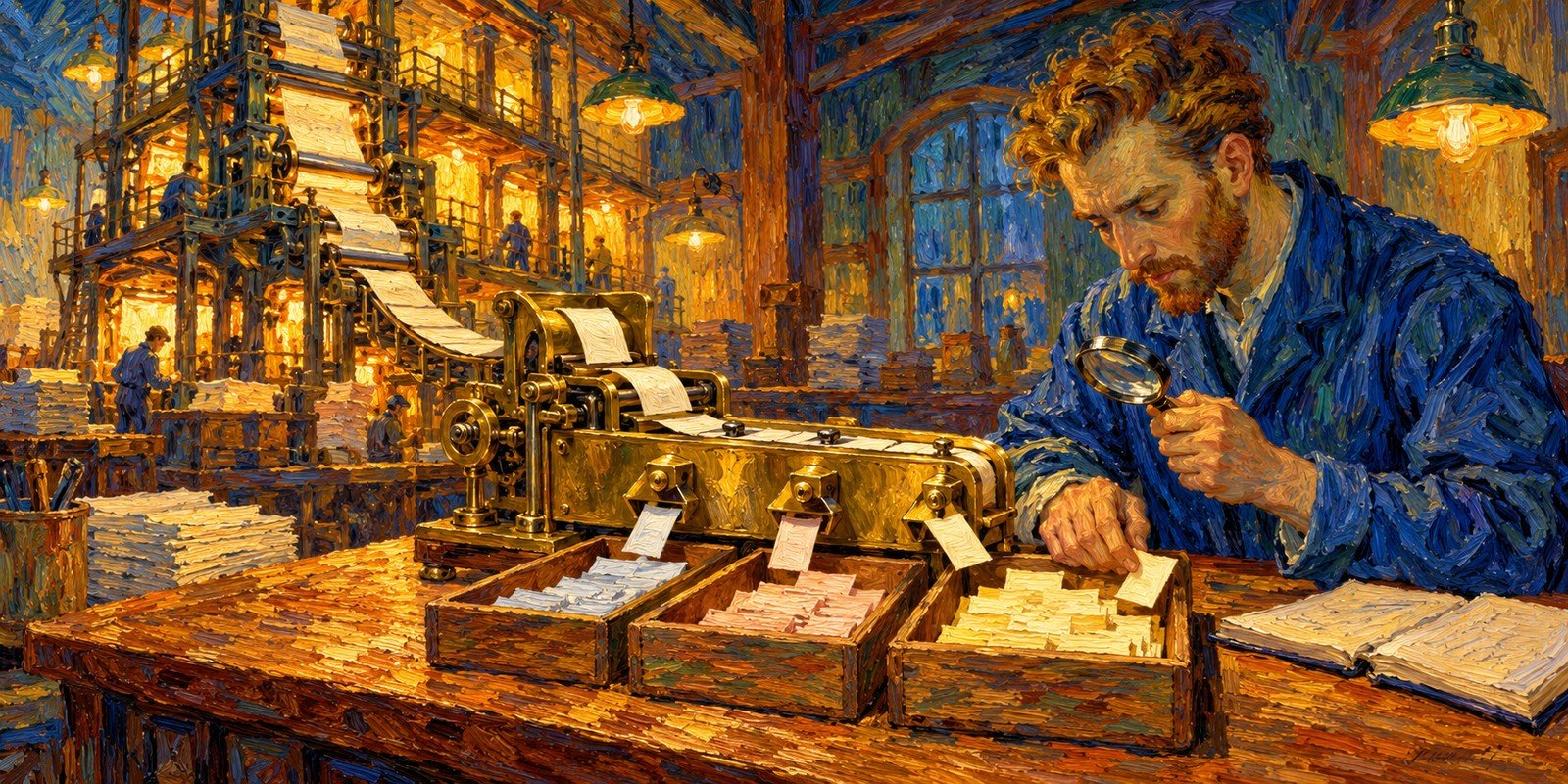 Ilustração estilo Van Gogh impasto: uma pequena máquina de latão separa tiras de papel em três gavetas de madeira, alimentada por uma grande impressora ao fundo, enquanto um homem de casaco azul confere as gavetas com uma lupa.